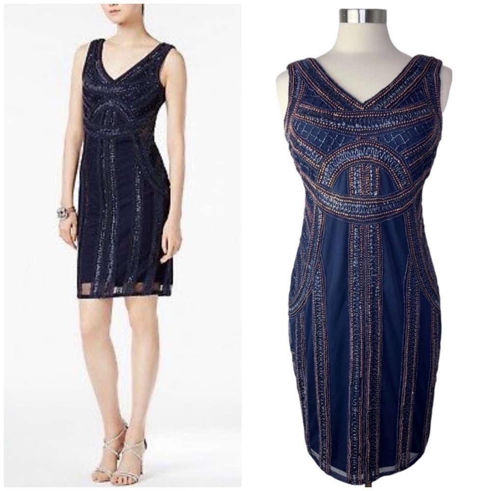 ADRIANNA PAPELL Navy Beaded Sequin Party Dress size 8P